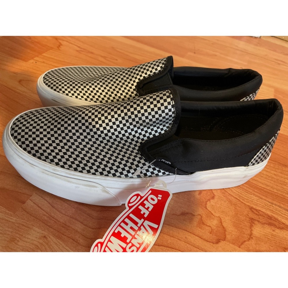 Vans silver checkered slip ons